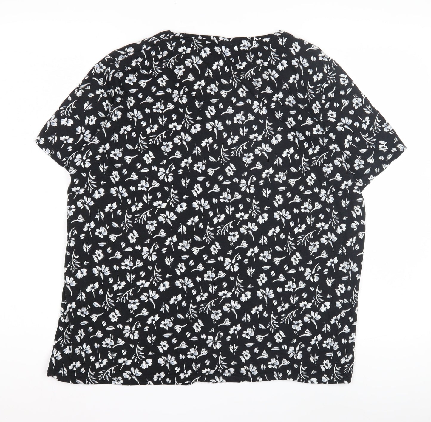 Damart Women's Black Floral V-Neck T-Shirt L