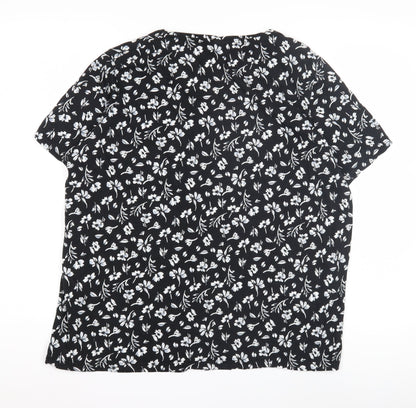 Damart Women's Black Floral V-Neck T-Shirt L