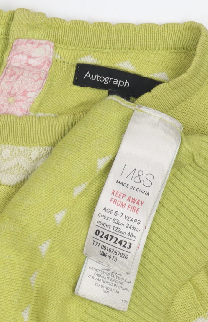 Marks and Spencer Girls Green Striped Jumper 6-7 Yrs