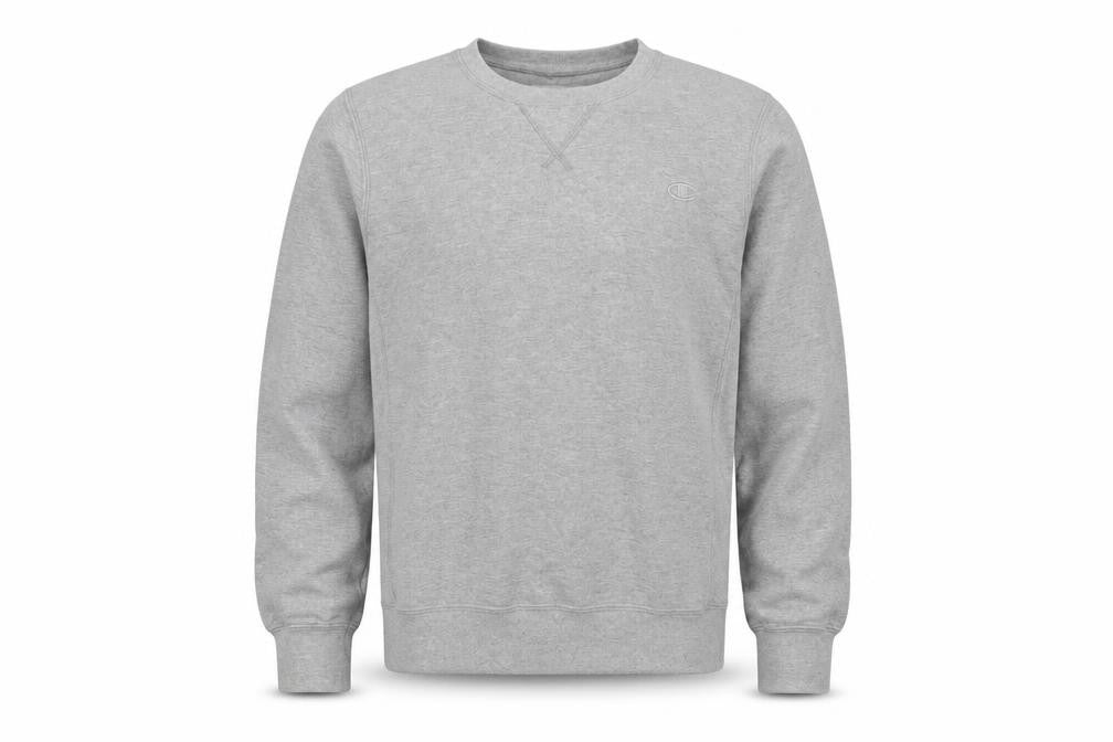 Front view of Champion Grey unisex sweatshirt m eco-friendly logo