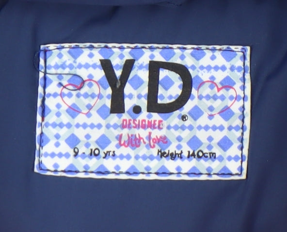 YD Girls Blue Puffer Jacket 9-10 Years Hooded Zipper