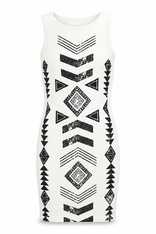 Front view of Guess Women’s Ivory Bodycon Dress XS - Aztec Style