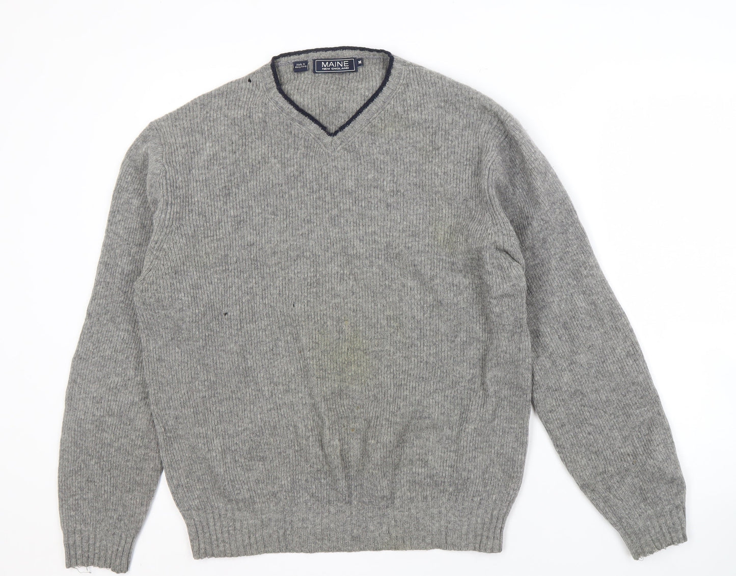 Maine New England Men's Grey Wool V-Neck Jumper M