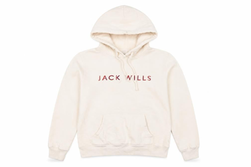 Front view of Jack Wills girls’ beige pullover hoodie, size 8, with logo