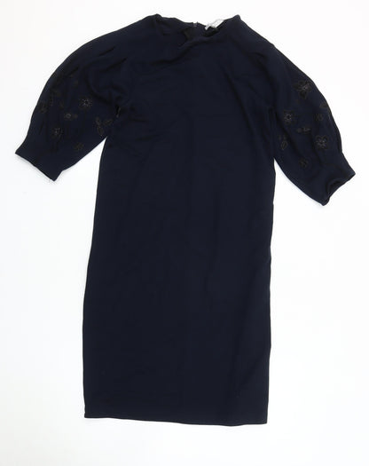 H&M Women's Blue Embroidered Dress, Size S, 3/4 Balloon Sleeve