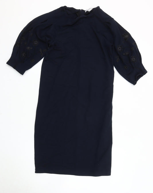 H&M Women's Blue Embroidered Dress, Size S, 3/4 Balloon Sleeve