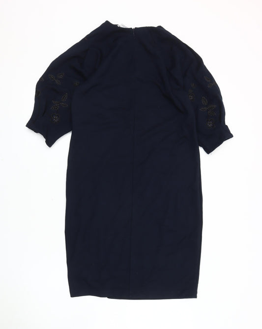 H&M Women's Blue Embroidered Dress, Size S, 3/4 Balloon Sleeve