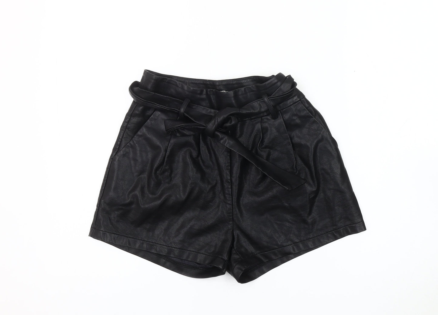 Vera & Lucy Women's Black Faux Leather Paperbag Shorts XS