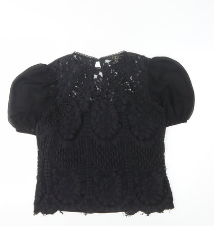 Lipsy Women's Black Lace Blouse Size 12 Short Sleeve