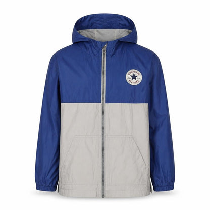 Front view of Converse boys’ blue beige hooded windbreaker jacket 10-12 years