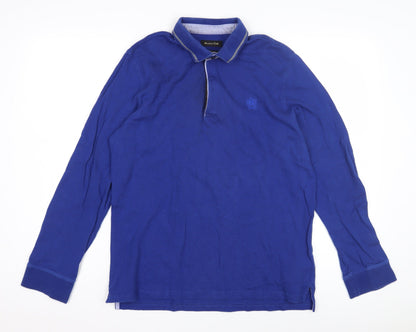 Massimo Dutti Men's Blue Long Sleeve Polo Shirt L