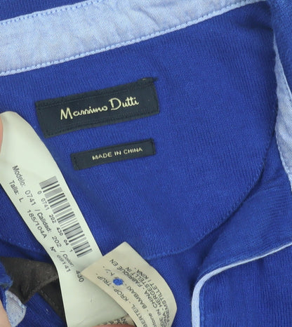 Massimo Dutti Men's Blue Long Sleeve Polo Shirt L