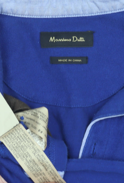 Massimo Dutti Men's Blue Long Sleeve Polo Shirt L