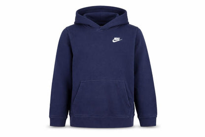 Front view of Nike boys’ blue pullover hoodie with logo, size L