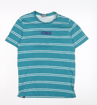 Puma Men's Blue Striped Cotton T-Shirt - Size S
