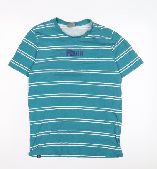 Puma Men's Blue Striped Cotton T-Shirt - Size S