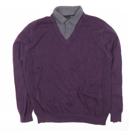 Next Men's Purple Polo, L, Long Sleeve, V-Neck
