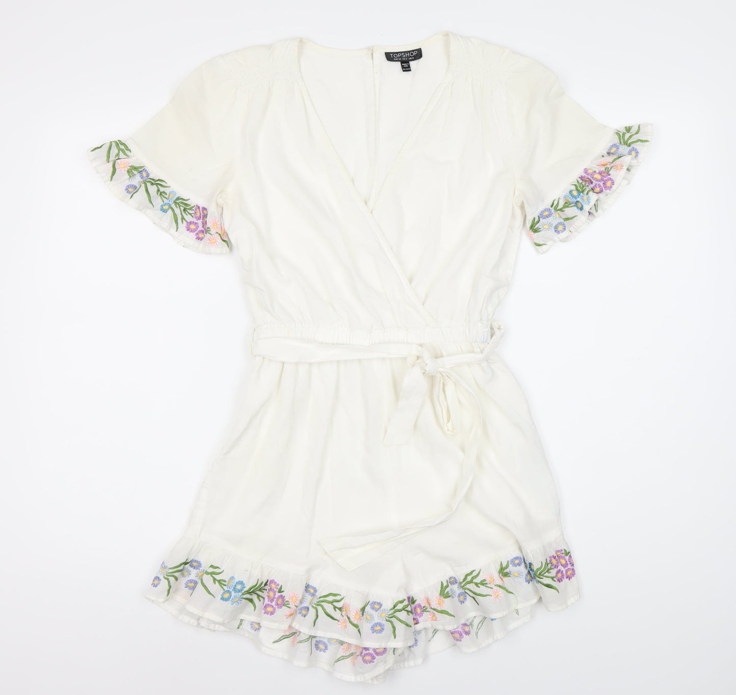 Topshop Women's White Floral Embroidered Playsuit Size 6