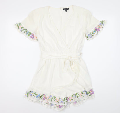 Topshop Women's White Floral Embroidered Playsuit Size 6