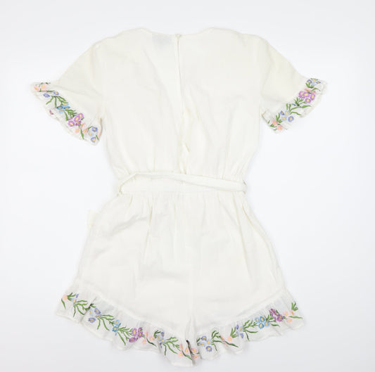 Topshop Women's White Floral Embroidered Playsuit Size 6