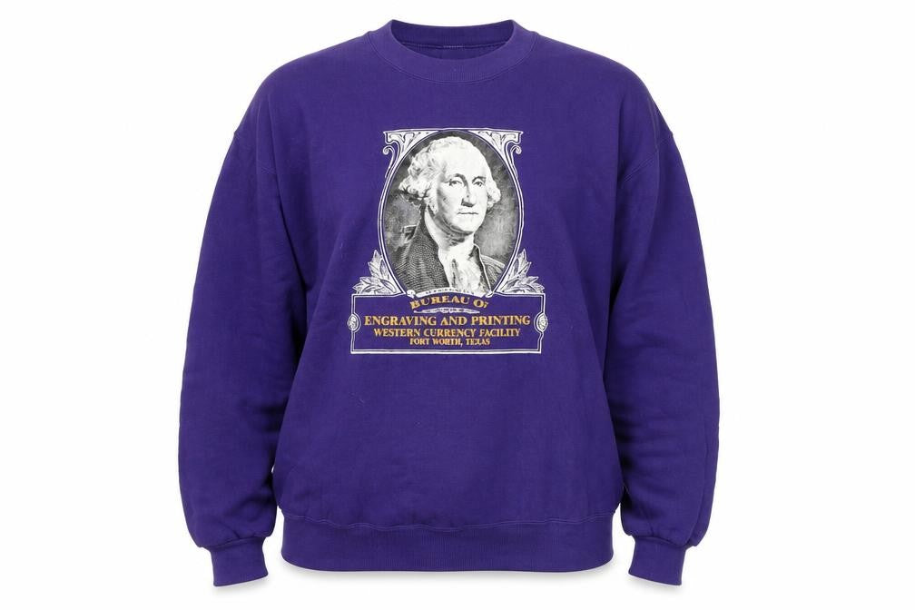 Front view of Jerzees unisex purple graphic pullover sweatshirt l