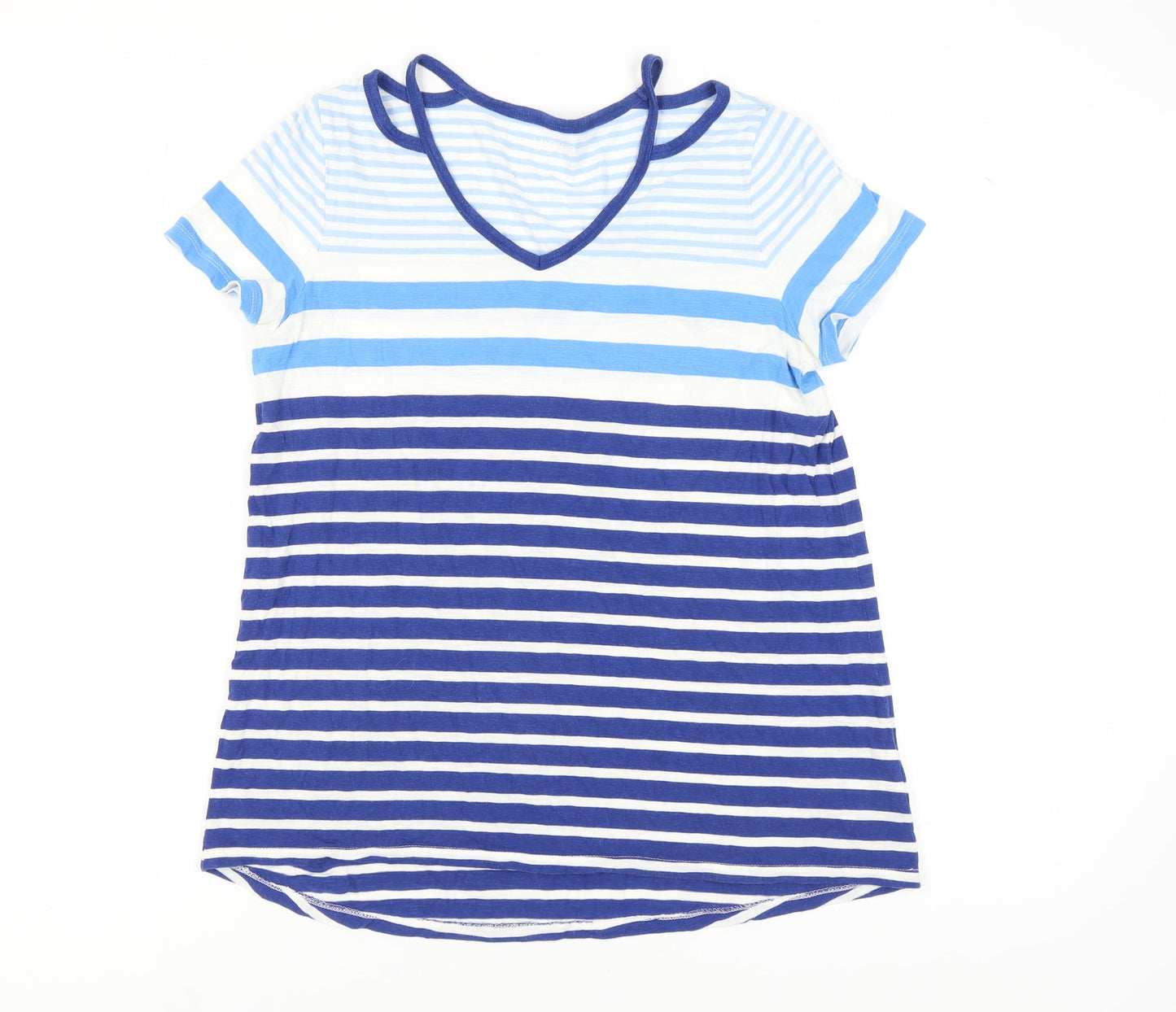 Lands' End Women's Blue Striped V-Neck T-Shirt M