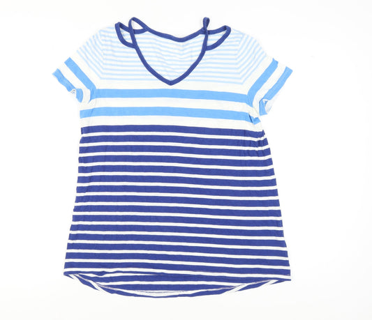 Lands' End Women's Blue Striped V-Neck T-Shirt M
