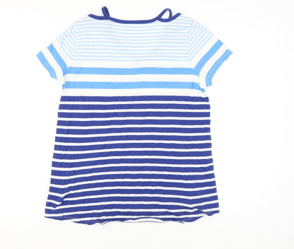 Lands' End Women's Blue Striped V-Neck T-Shirt M