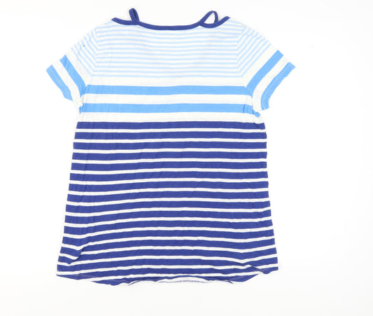 Lands' End Women's Blue Striped V-Neck T-Shirt M