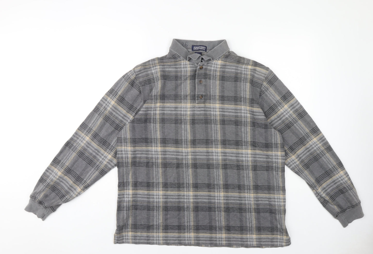 Lands' End Men's Grey Plaid Long Sleeve Polo, L
