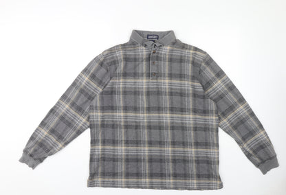 Lands' End Men's Grey Plaid Long Sleeve Polo, L