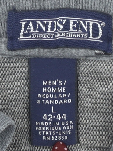 Lands' End Men's Grey Plaid Long Sleeve Polo, L
