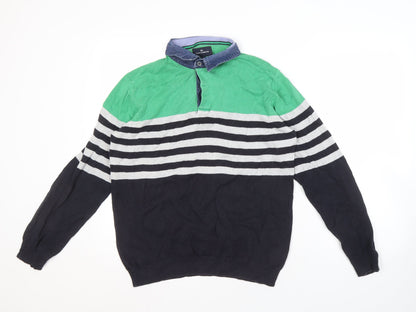 Marks and Spencer Men's Green Striped Pullover Jumper - M