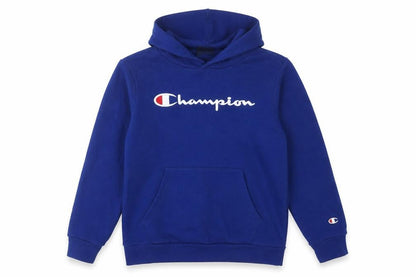 Front view of Champion boys’ blue pullover hoodie, size 11-12, graphic logo