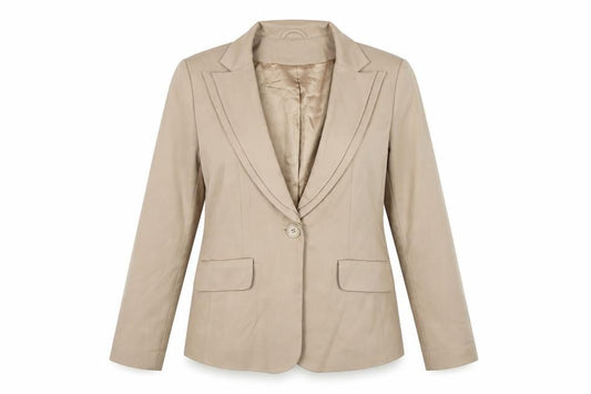 Front view of Kaleidoscope Women's Beige Blazer, size 12, Lined, One-Button