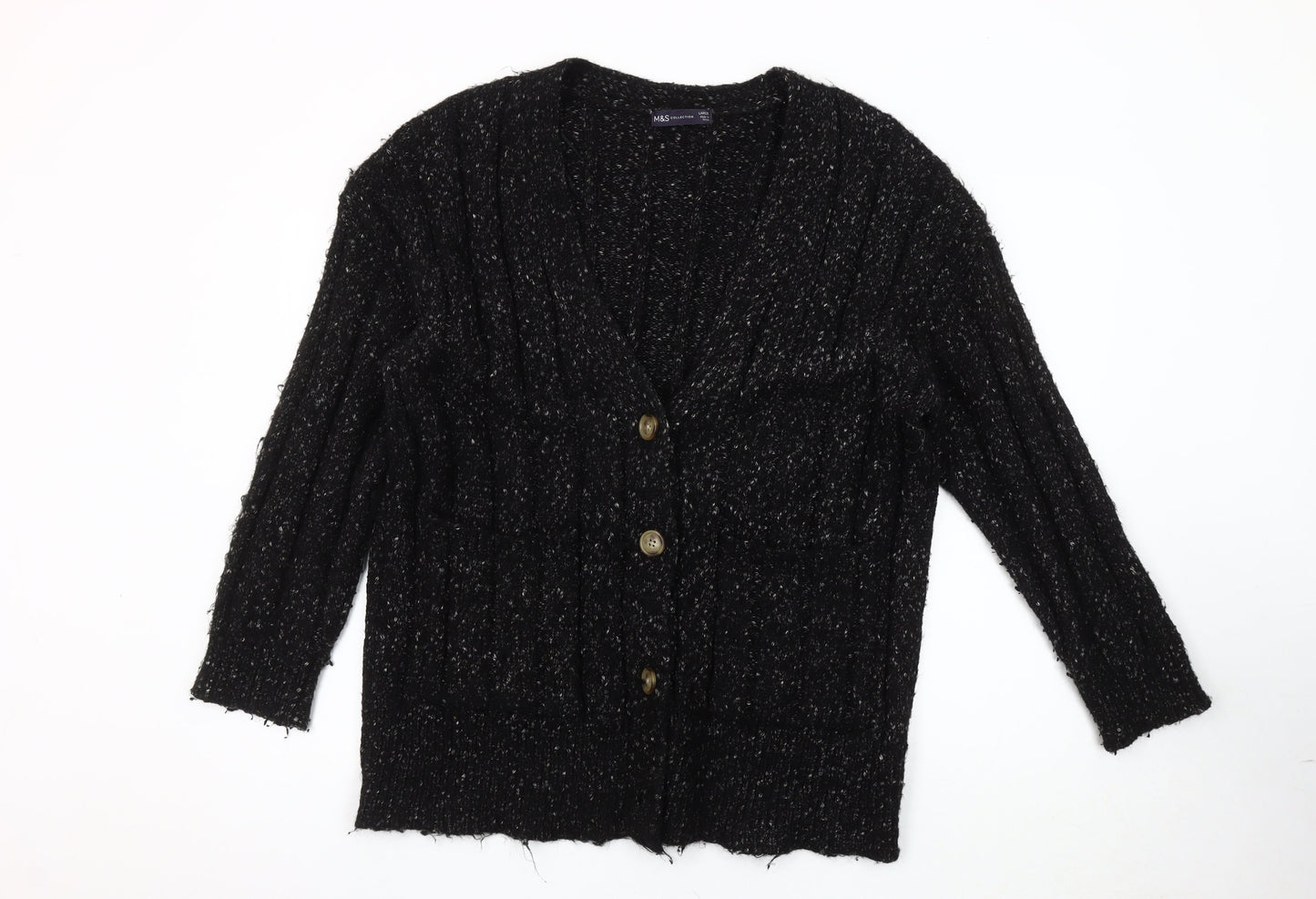 Marks and Spencer Unisex Black Chunky Knit V-Neck Cardigan