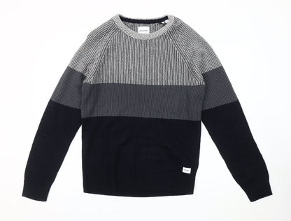 Jack & Jones Men's Grey Striped Pullover Jumper Size M