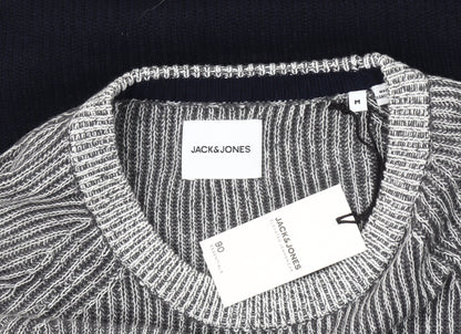 Jack & Jones Men's Grey Striped Pullover Jumper Size M