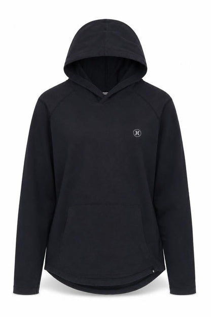 Front view of Hurley unisex black pullover hoodie, small, lightweight