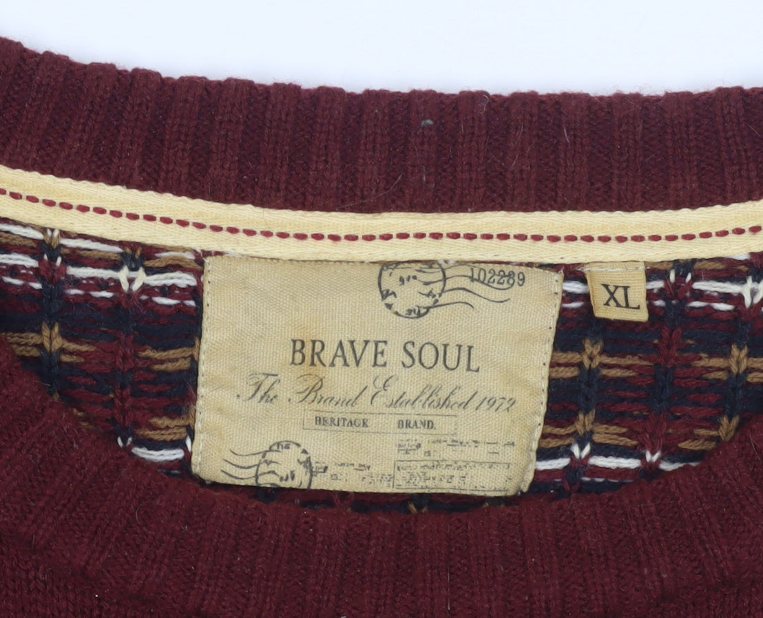 Brave Soul Men's Red XL Fair Isle Pullover Jumper