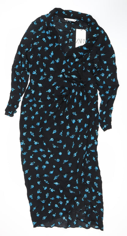Zara Women's Black Floral Long Dress Size L Viscose