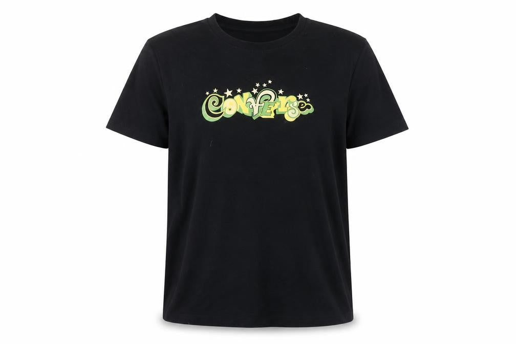 Front view of Converse unisex black xl t-shirt with logo accents