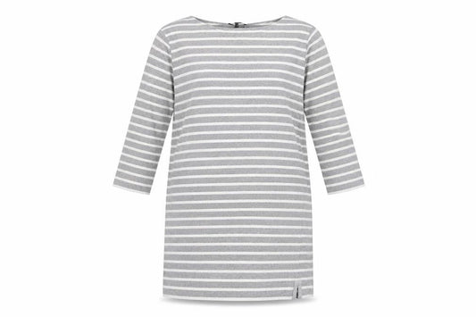 Front view of Jaeger Women's Grey Striped Boat Neck Dress, XL