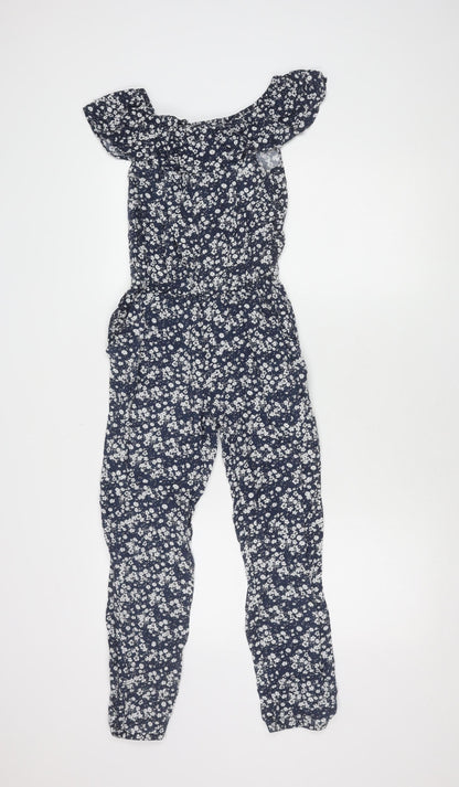 H&M Girls Blue Floral Jumpsuit, Off Shoulder, Size 12