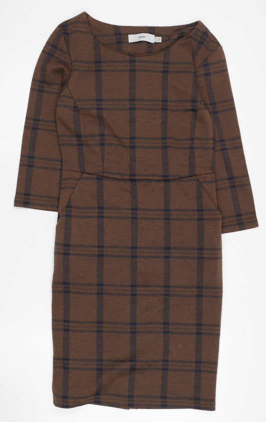 ICHI Women's Brown Plaid Sheath Dress - S, 3/4 Sleeve