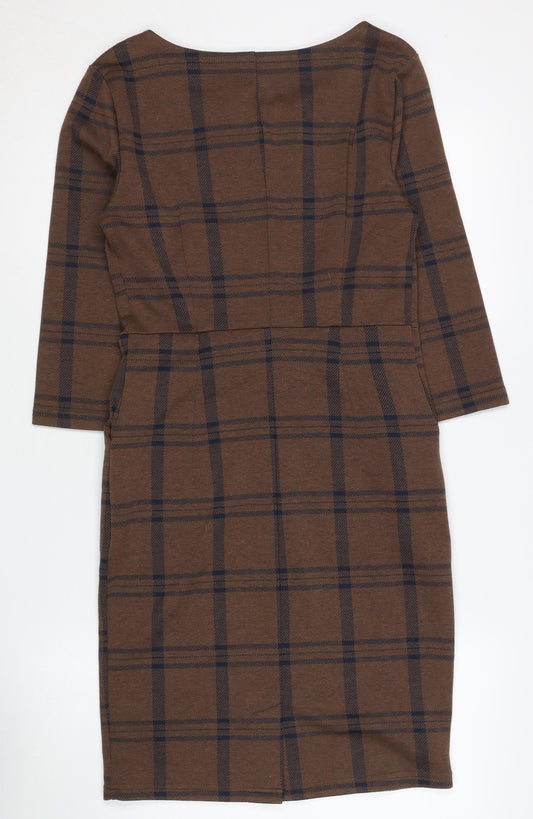 ICHI Women's Brown Plaid Sheath Dress - S, 3/4 Sleeve