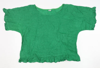 BESLIKA Women's Green Linen Blouse - One Size, Ruffled