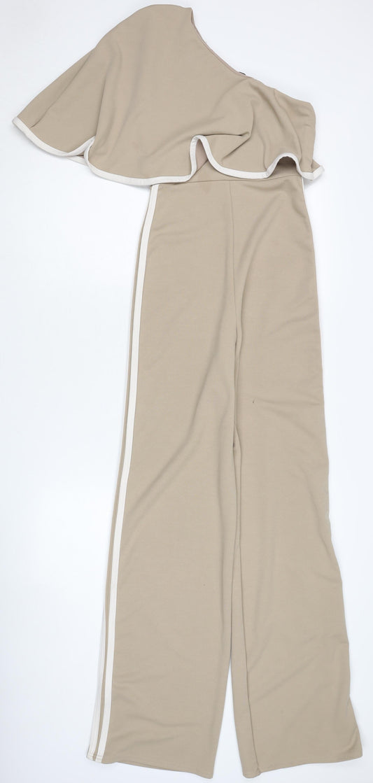 PrettyLittleThing Beige One Shoulder Jumpsuit Size 8