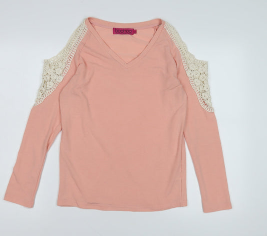 Boohoo Pink V-Neck Cold Shoulder Knit Jumper S