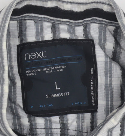 Next Men's Grey Slim Fit Striped Button-Up Shirt L